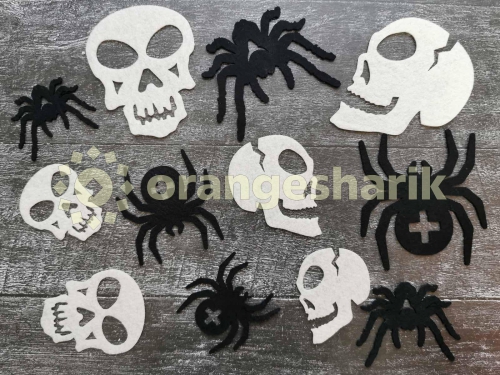 Праздничный декор из фетра Halloween черепа и пауки (12шт)